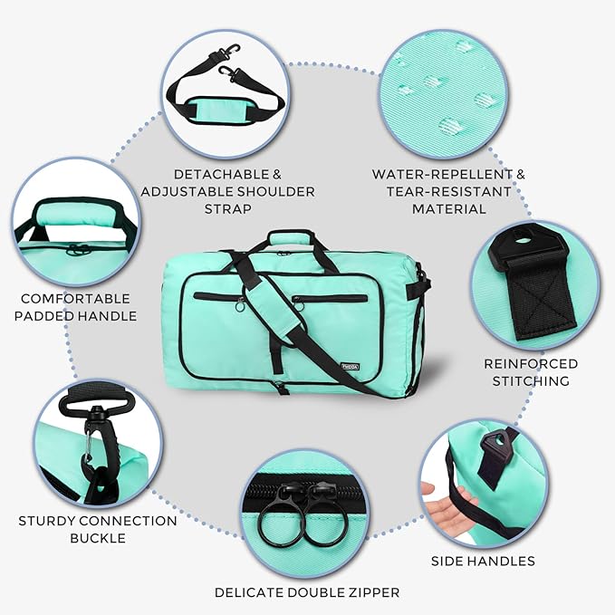 Fmeida 65L Duffle Bag with Shoes Compartment, Foldable Travel Duffel Bags for Men Women, Large Packable Travel Bag Water Repellent & Tear Resistant (Mint Green)