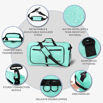 Fmeida 65L Duffle Bag with Shoes Compartment, Foldable Travel Duffel Bags for Men Women, Large Packable Travel Bag Water Repellent & Tear Resistant (Mint Green)