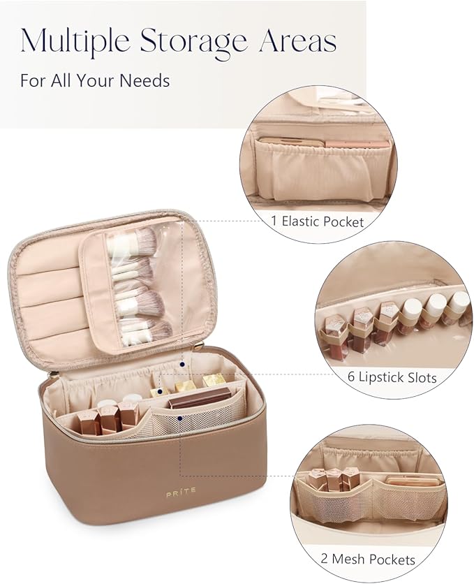 Prite Makeup Bag Portable Cosmetic Organizer with Brush Holder Waterproof Travel Toiletry Bag for Women with Handle and Divider (Brown)