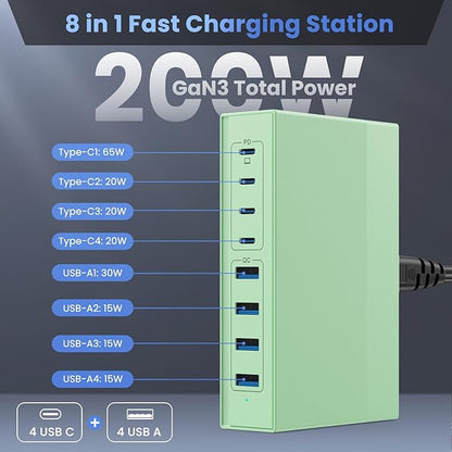 200W USB C Charger Block, 8-in-1 GaN III USB C Charger Fast Charging Station Hub, PD 65W Laptop Charging Adapter for MacBook Pro/Air/Dell XPS/iPhone 16/15/14/iPad/Galaxy S24 (Green)