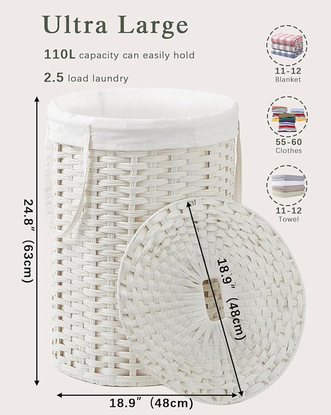 Laundry Basket with Lid Round Rattan Laundry Hamper with Lid and Handles 29.1 Gal (110 L) Handwoven Woven Basket with Removable Bags and 2 Mesh Bags for Bathroom Living Room White
