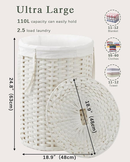 Laundry Basket with Lid Round Rattan Laundry Hamper with Lid and Handles 29.1 Gal (110 L) Handwoven Woven Basket with Removable Bags and 2 Mesh Bags for Bathroom Living Room White