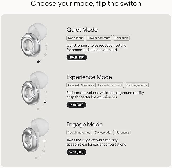 Loop Switch 2 Adjustable Ear Plugs – 3 Noise Relief Modes for Ultimate Control | Flexible Noise Reduction Earplugs for Focus, Travel, Socializing, Festivals & More | 20-26 dB (SNR) Noise Reduction