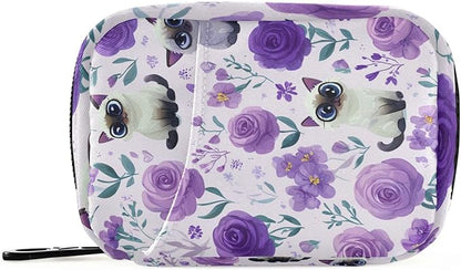 Purple Floral Cute Cats Travel Pill Organizer Case Box Container Weekly Portable Vitamin Medicine Holder Storage Bag with Zipper Removable