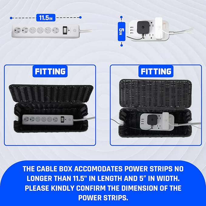 Cable Management Box, Handmade Rattan Cable Organizer, 2 Open Slots Cords Hider Box, Under Desk Cord Organizer for Computer Router USB Hub & Power Strip, Patent Pending, 13" x 5.1" x 5.1", Black