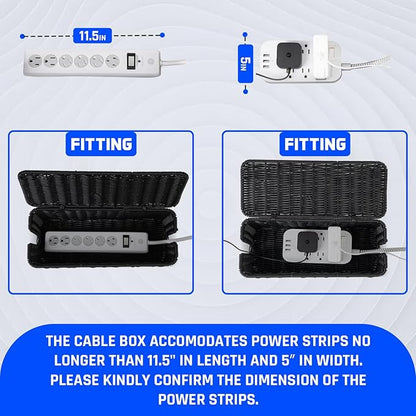 Cable Management Box, Handmade Rattan Cable Organizer, 2 Open Slots Cords Hider Box, Under Desk Cord Organizer for Computer Router USB Hub & Power Strip, Patent Pending, 13" x 5.1" x 5.1", Black