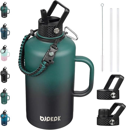 BJPKPK 2/3 Gallon Water Bottle Insulated with Straw Lid, 50oz,64oz,87oz,128ozLarge, Stainless Steel Water Bottles with 3 Lids and Paracord Strap,Double Wall Vacuum Metal Water Jug,Army Green&Black