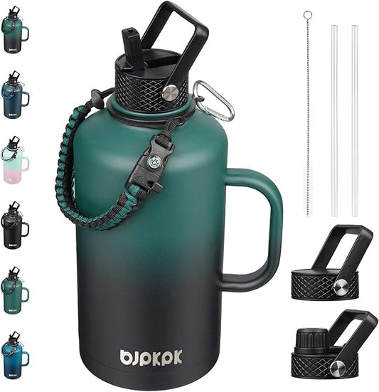 BJPKPK 2/3 Gallon Water Bottle Insulated with Straw Lid, 50oz,64oz,87oz,128ozLarge, Stainless Steel Water Bottles with 3 Lids and Paracord Strap,Double Wall Vacuum Metal Water Jug,Army Green&Black