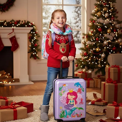 Sanwuta 4 Pcs Kids Luggage Set Backpack Travel Rolling Suitcase U-shape Pillow Christmas Children Gift for Girls Boys(20 Inch,Mermaid Style,Purple)