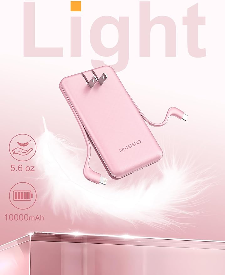 Ultra Slim 10000mAh Power Bank Built-in Cables and Foldable AC Wall Plug, Pocket Size USB C Portable Charger, External Battery Pack Compatible with iPhone Samsung iPad etc, Pink
