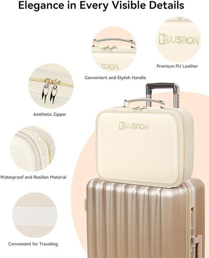 JUSRON Travel Makeup Bag With LED Mirror, Cosmetic Train Case with Light up Mirror, Portable Makeup Artist Organizer Bag with Adjustable Dividers, Makeup Brush Holder Storage (White, Large)