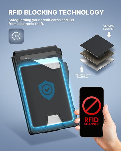 typecase Tactical Wallet for Men Card Holder: Pop Up Card Case, Genuine Leather, Smart, RFID Blocking, Slim, Minimalist, Thin, Front Pocket - 13 Card Capacitiy, ID Window, Money Clip (Dark Black)