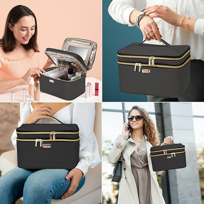 8.8L Double Layer Travel Makeup Bag With Mirror For Women, Large Cosmetic Case, Organizer for Travel-Size Accessories Bottles, Brushes,and Skin Care Products, 2.33 GAL, Black