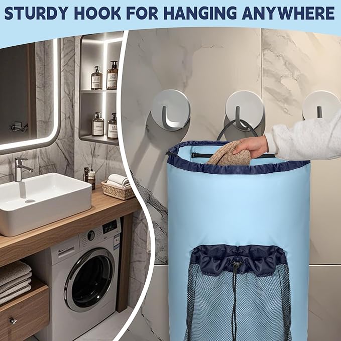 Laundry Bag Backpack with 3 Sizes Mesh Wash Bags and Shoulder Straps Foldable Clothes Hamper Bag with Drawstring Closure for College, Apartment, Laundromat (Light Blue)