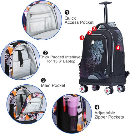 UNIKER Rolling Backpack with Wheels for Travel, Roller Backpack for Women, Wheeled Laptop Bag Fits 15.6 Inch Notebook