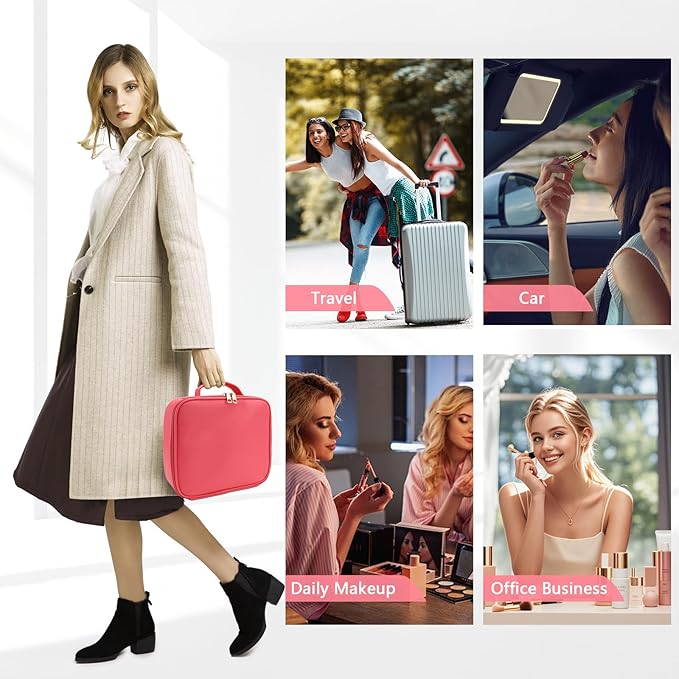 Travel Makeup Bag for Makeup Artists Large Makeup Case,with Mirror 3 Color Setting and Detachable 10x Magnifying Mirror Travel Makeup Bag,Portable Storage and Adjustable Dividers（light red）