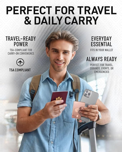 AquaVault ChargeCard – Ultra Slim Emergency Power Bank (2300mAh) – Fits in Wallet – USB-C & Micro-USB – Durable Steel Body – Flight-Safe for iPhone 12-17 & Android - Rose Gold