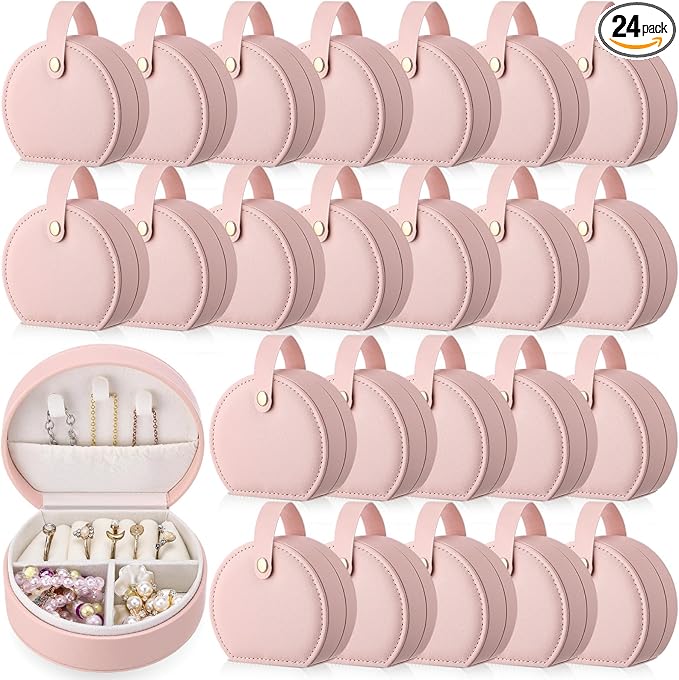 Weysat 24 Pack Travel Jewelry Case Mini Leather Bridesmaid Jewelry Gift Box Bulk Small Earring Storage Organizer (Pink)