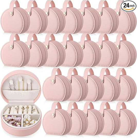 Weysat 24 Pack Travel Jewelry Case Mini Leather Bridesmaid Jewelry Gift Box Bulk Small Earring Storage Organizer (Pink)