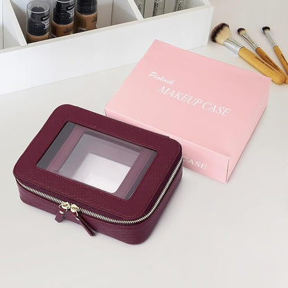 Pinkmik Clear Makeup Bag Waterproof Travel Case for Cosmetics and Toiletries Women's Purse Organizer and Clear Car Bag with Zipper (X/Burgundy, M+MINI)