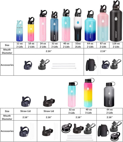 SENDESTAR Water Bottle 32oz,Wide Mouth Stainless Steel Vacuum Insulated Double Wall Keep Liquids Cold or Hot All Day,Sweat Proof Sport Design,Fit Car Cup Holder,(Straw and Spout lid)(Dark blue&Balck)