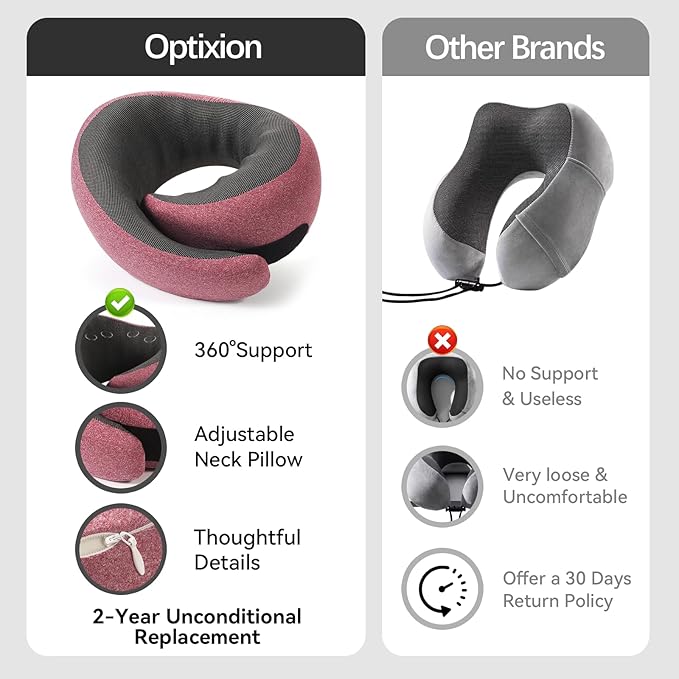 Travel Pillow, 100% Pure Memory Foam Neck Pillow for Airplanes, Comfortable Breathable Cover, Travel Essentials for Plane, Car, Train and Home, Red