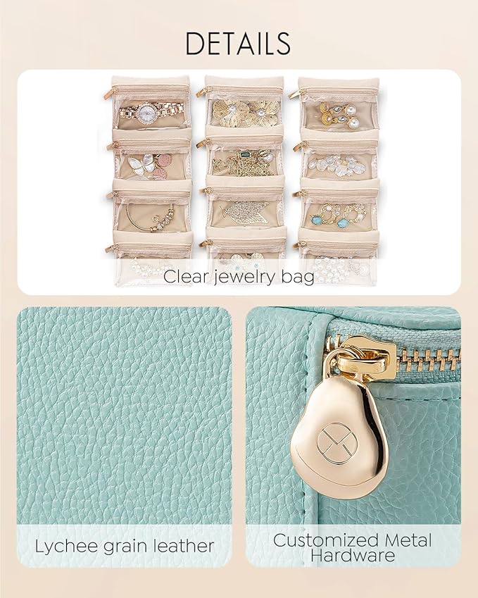 Vlando Travel Jewelry Organizer with 12 Velvet Jewelry Bags Travel Jewelry Case for Girls Jewelry Storage Necklace Rings Earrings Bags Gifts for Women Daughter Friends(Lake Blue)