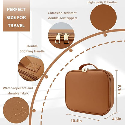 Travel Makeup Bag for Women and Makeup Artists Cosmetic Organizer Large Makeup Case,Travel Makeup Bag with Mirror 3 Color Setting,Portable Storage and Adjustable Dividers(CARAMEL COLOR)