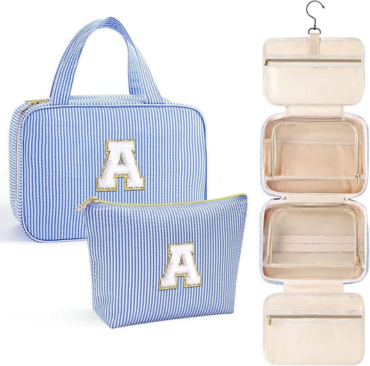 YOOLIFE Christmas Gifts for Women Teenage Girls Stocking Stuffers, Initial Hanging Toiletry Bag for Women Teen Girl, Travel Toiletry Bag Gifts for Mom Daughter Sister Friends, Letter A, Blue