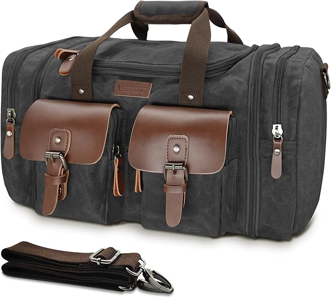 Wildroad 60L Travel Duffel Bag, Expandable Waxed Canvas Genuine Leather Duffle Bag Upgraded Overnight Weekender Bag Carry on Bag (Vintage Black, X Large-60L)