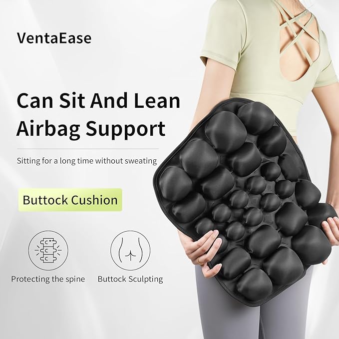 Inflatable Travel Cushion Airplane Seat Pad with Lumbar Support - 3D Air Cushion for Office, Car, Wheelchair - Perfect for Long Flights, Pressure Relief & Travel Comfort - Black