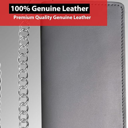 CLASSIC Motorcycle Chain Wallet for Men – Premium Cowhide Leather, RFID Bi-Fold Biker Wallet with Heavy Duty Chain for Bikers Truckers & Hunters, Credit Card Money Organizer Long Wallet Aniline Grey