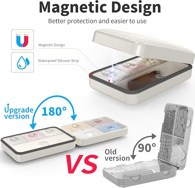 Restree Weekly Pill Organizer, Magnetic Moisture Proof Pill Case, Large Capacity Travel Pill Box with Inner Clear Lid for Vitamins, Supplements, and Daily Medications 8 Compartment (White)