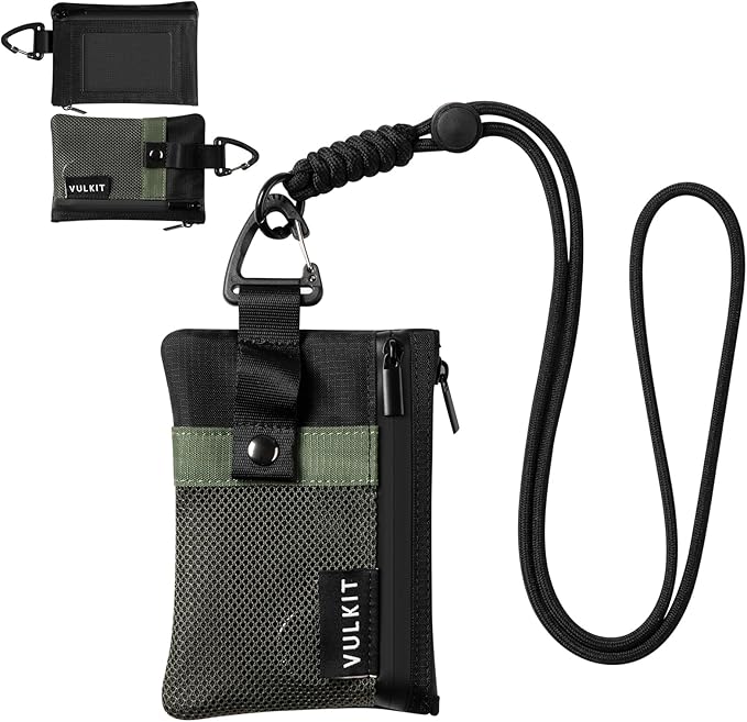 VULKIT Small RFID Wallet for Women & Men – Minimalist Zipper Wallet with ID Window, Keychain & Carabiner, Holds 15 Cards, Water Resistant Travel Lanyard Wallet Army Green Black