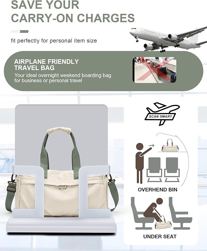 Gym Bag for Women Men with Shoe Compartment, Sport Duffel Bag, Waterproof Travel Weekender Overnight Carry on Bag for Yoga with Trolley Sleeve, Beige Green