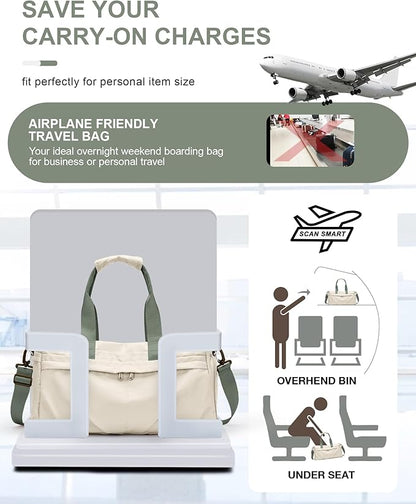 Gym Bag for Women Men with Shoe Compartment, Sport Duffel Bag, Waterproof Travel Weekender Overnight Carry on Bag for Yoga with Trolley Sleeve, Beige Green