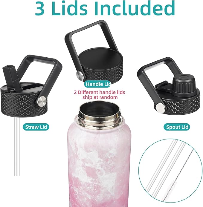 40oz Insulated Water Bottle Stainless Steel Sport Bottles with 3 Lids,Marble Blossom