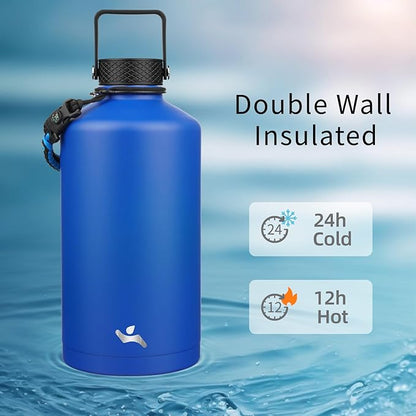 Gallon Insulated Water Bottle with Straw,128 oz 3 Lids Water Jug with Carrying Bag,Paracord Handle, Double Wall Vacuum Stainless Steel Metal Flask,Blue