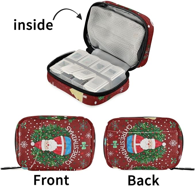 Pill Organizer Box Case Weekly Travel Pill Container Holder 7Day Cute Vitamin Organizer Dispenser Sorter Planner Storage Small Compact Santa Claus Wreath Christmas Tree Snowflakes Colorful15