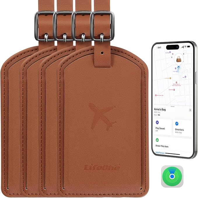 Luggage Tags Built-in Anti-Loss Tracker, Luxury Leather Luggage Tags for Suitcase, Travel Bags, Backpacks, Travel Organizer for Lost Baggage Prevention (Brown*4 Pack)