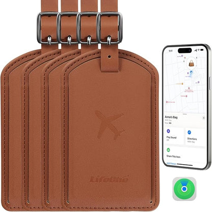 Luggage Tags Built-in Anti-Loss Tracker, Luxury Leather Luggage Tags for Suitcase, Travel Bags, Backpacks, Travel Organizer for Lost Baggage Prevention (Brown*4 Pack)