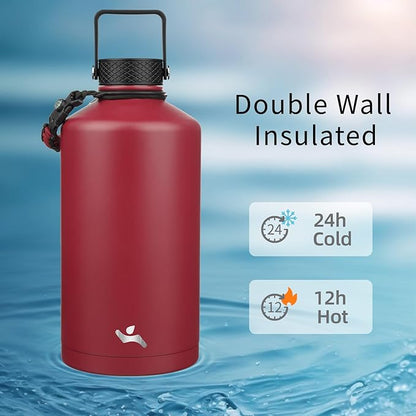 Gallon Insulated Water Bottle with Straw,128 oz 3 Lids Water Jug with Carrying Bag,Paracord Handle, Double Wall Vacuum Stainless Steel Metal Flask,Dark Red