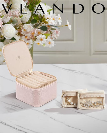 Vlando Gifts for Teachers,Jewelry Box with 6 Velvet Jewelry Bags Travel Jewelry Storage for Women Girl Jewelry Organizer Necklace Rings Earrings Bags Gifts for Women(Pink)