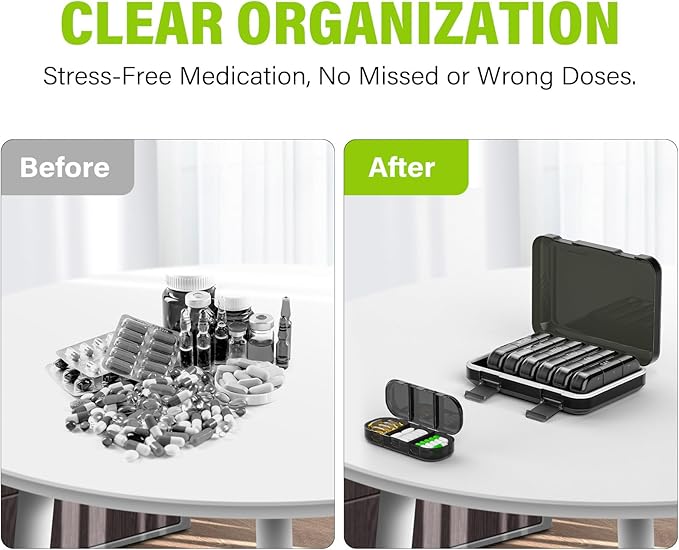 Vikie Weekly Pill Organizer 3 Times a Day, Morn NOON Night, BPA-Free, Portable & Moisture-Proof for Pills, Vitamins, Supplements ()