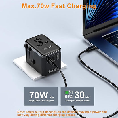 Universal Travel Adapter, VYLEE 70W International Plug Adapter with PD Fast Charging, 5-Port (1 AC/1 USB-A/3 USB-C), Wall Charger Worldwide Travel Essentials Plug for USA EU UK AUS Japan (Black)