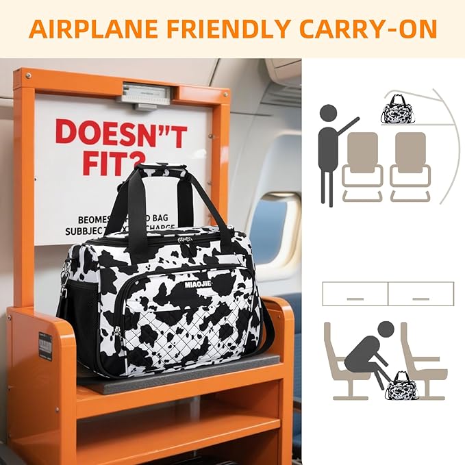 Travel Duffle Bag for Women, Underseat Carry On luggage Bag Foldable Overnight Weekender Hospital Bag Lightweight Airplanes Personal Item Travel Tote Bag for Women Birthday Gifts, 16IN Cow Print