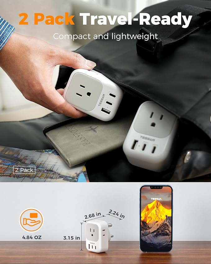 South Africa Plug Adapter 2 Pack, TESSAN Type M Adapter for South Africa with 4 Outlets 3 USB (2 USB-C), Type M Adaptor for US to Namibia Botswana India Nepal Mozambique Sri Lanka