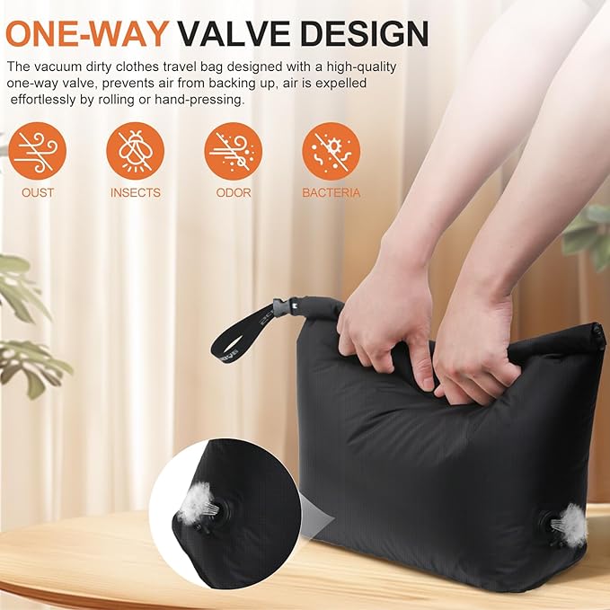 Travel Laundry Bag, Vacuum Compression Dirty Clothes Travel Bag Waterproof Wet Dry Bags Large Capacity Space Saver Bags Reusable Camp Clothes Organizer for Sports Dorm Laundromat (1 Pcs) (Black, L)