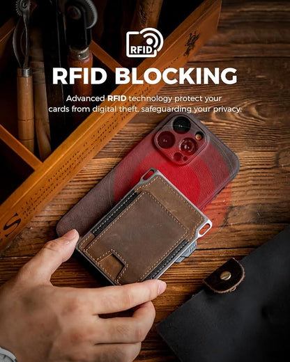 LORZOR Slim Tactical Wallet for Men- Minimalist Front Pocket Full Grain Leather Wallet for 12 Cards, RFID Blocking Aluminum Cardholder, Smart Pop Up Card Case, Money Clip, Gift Boxed(DistressBrown)