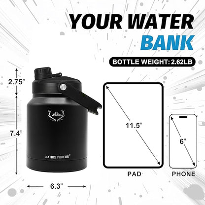 NATURE PIONEOR One Gallon Water Bottle Insulated - Large Double Vacuum Stainless Steel 84 oz Water Bottle with Holder/Carrier, 84oz Water Jug,Wide Mouth